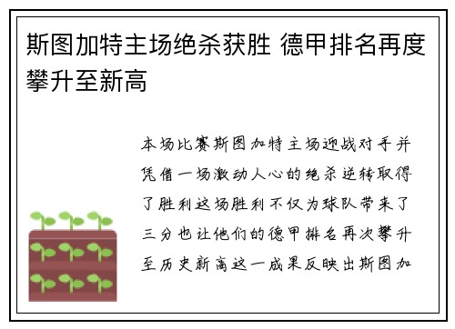 斯图加特主场绝杀获胜 德甲排名再度攀升至新高