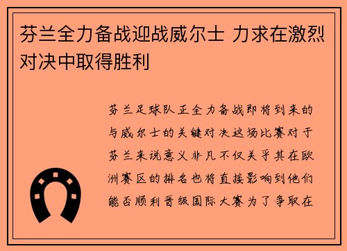 芬兰全力备战迎战威尔士 力求在激烈对决中取得胜利