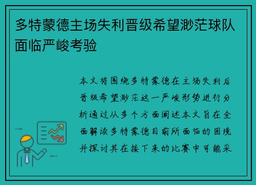 多特蒙德主场失利晋级希望渺茫球队面临严峻考验