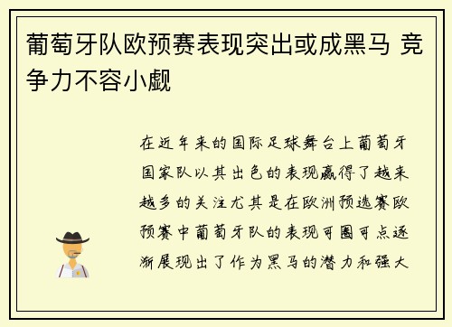 葡萄牙队欧预赛表现突出或成黑马 竞争力不容小觑