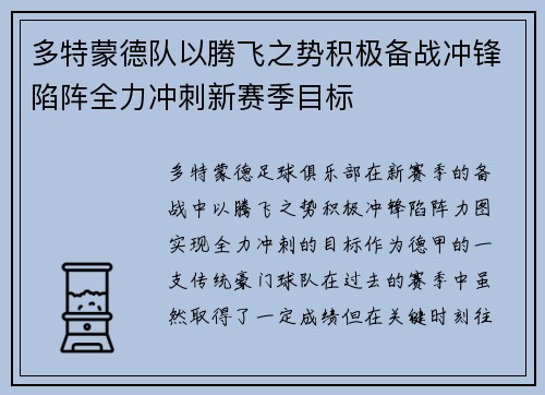 多特蒙德队以腾飞之势积极备战冲锋陷阵全力冲刺新赛季目标